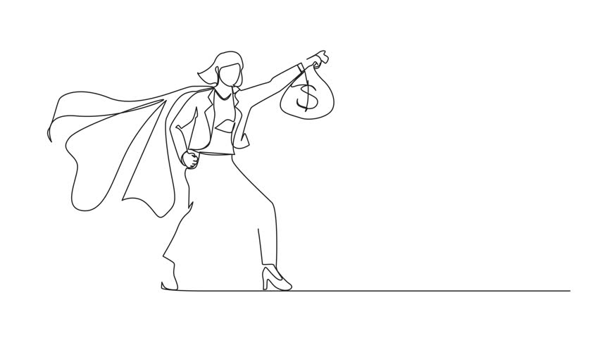 Animated self drawing of single one line drawing superhero businesswoman present symbol of income. Happy employee superhero shows money bag metaphor of income, investment. Full length animation