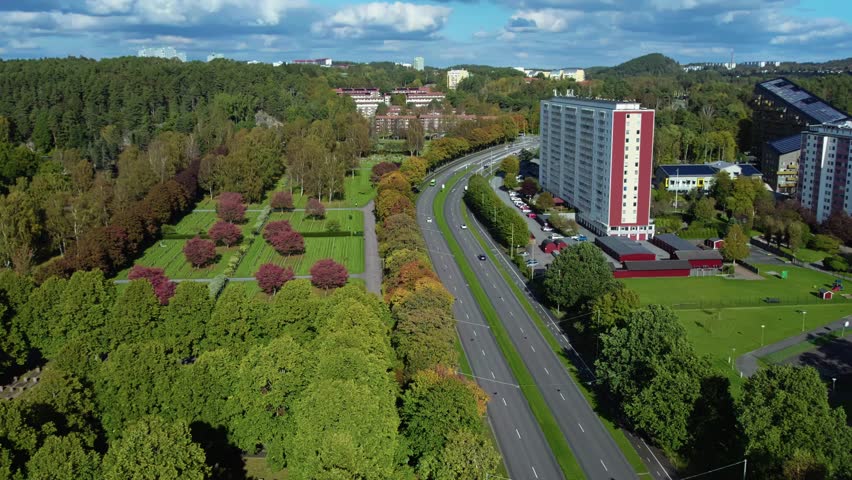 Aerial view of Kviberg Cemetery and nearby buildings in Gothenburg, Sweden