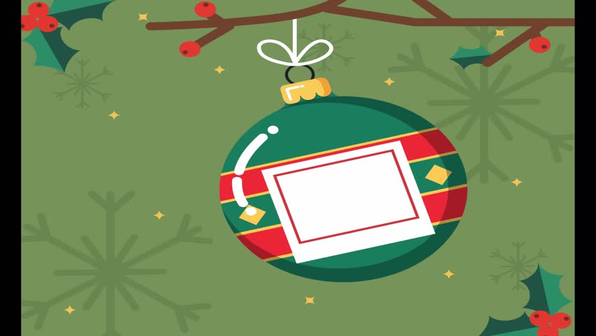 Festive christmas ornament with photo frame hangs from a branch surrounded by holly and snowflakes on a green background