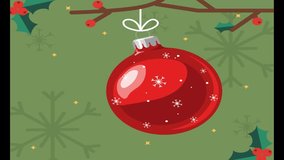 Festive red christmas ornament with snowflakes and holly berries hanging from a branch on a green background with stars - Powered by Shutterstock - Get 15% off with code: PIKWIZARD15