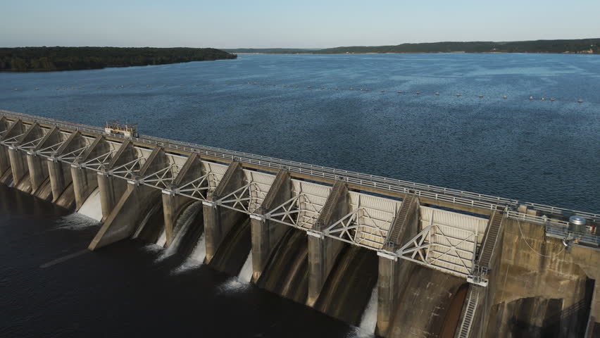 Spillway Gate Of A Concrete Dam - Kerr Dam In Oklahoma, United States - Drone Shot
