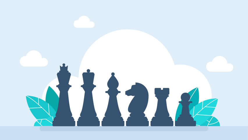 Chess pieces. Chess pieces rise up one by one. King, queen, bishop, pawn, knight, knight, rook. Icon set. Board game. Black silhouettes. Outline set of chess icons for web design. 2D flat animation