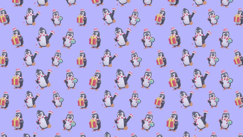 4K Cute 3D Christmas Penguins Animation Seamless Pattern Looping Holiday Background