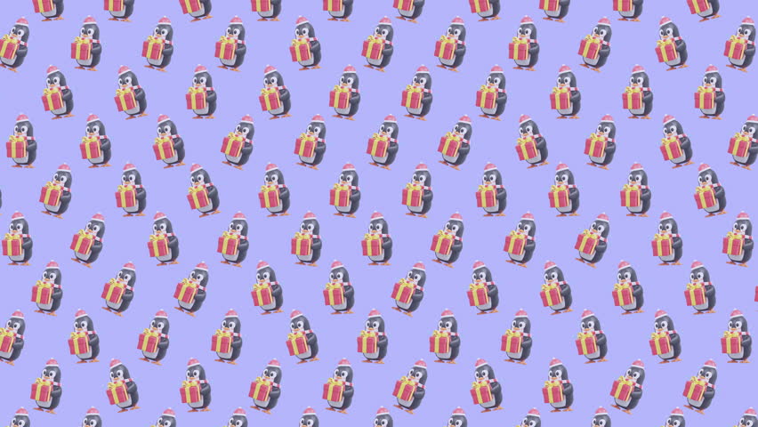 4K Cute 3D Christmas Penguin Gift Animation Seamless Pattern Background Loop