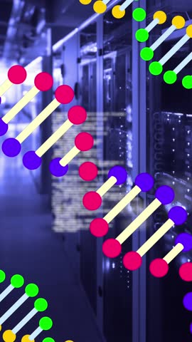 Animation of dna strands spinning and data processing over computer servers. Global science, computing and data processing concept digitally generated video.