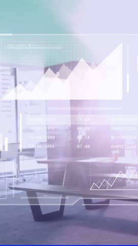 Business data analytics animation over diverse people collaborating in modern office. Collaboration, teamwork, technology