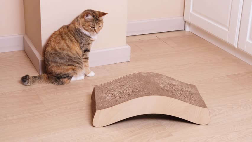 Domestic cat sits and examines cardboard scratching post while investigating new furniture item for potential claw care and play activities