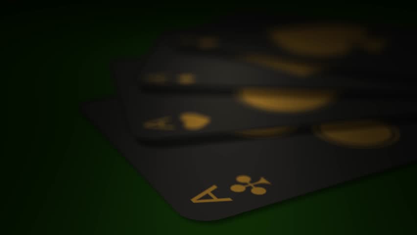 Four playing cards, aces of different suits on a green table. With a depth of field effect. 4K animation.
