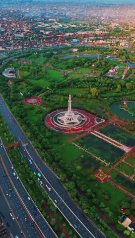 Drone footage captured on 21 August 2024 showing the iconic Minar-e-Pakistan monument located in Lahore, Pakistan
