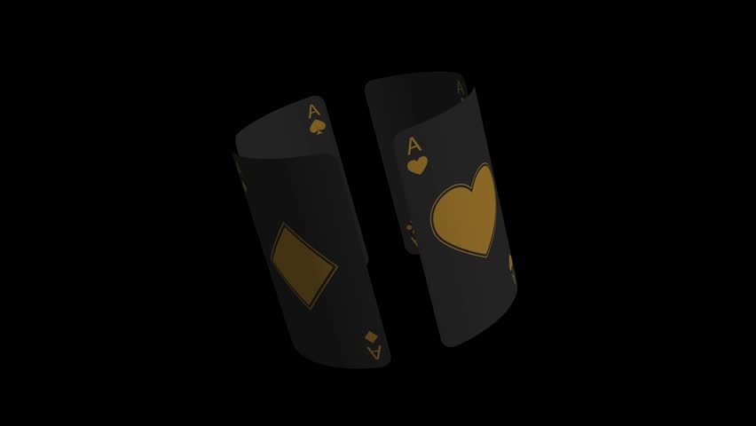 Four playing cards, aces of different suits on a black background, are rotating in a circle. 4K