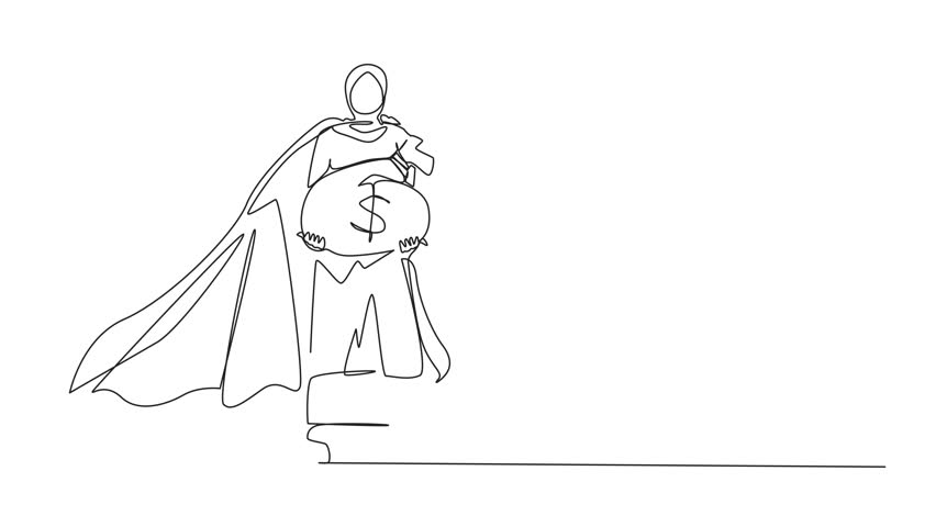 Animated self drawing of single continuous line drawing gigantic profits of financial success. Super Arabic businesswoman hero with bag of money. Success, career. Full length single line animation
