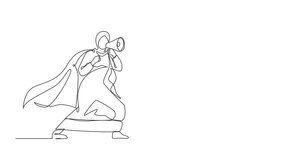 Animated self drawing of continuous one line drawing Arab superhero speaking in megaphone. Superhero in cape, businesswoman holding megaphone, successful team leader. Full length single line animation - Powered by Shutterstock - Get 15% off with code: PIKWIZARD15