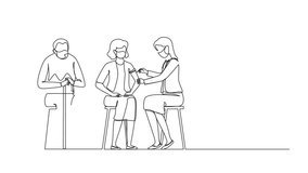 Self drawing animation of single continuous line drawing vaccination of elderly. Illustration of senior woman and doctor with syringe. Immunity, immunization, covid-19 vaccine. Full length animated - Powered by Shutterstock - Get 15% off with code: PIKWIZARD15