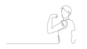 Self drawing animation of continuous one line drawing man wearing mask showing his arm with bandage after receiving covid-19 vaccine. Vaccination, fight against coronavirus. Full length animated - Powered by Shutterstock - Get 15% off with code: PIKWIZARD15