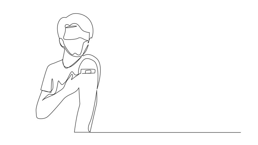 Animation of single continuous line drawing man showing his arm with band aid after coronavirus Covid-19 vaccine, wearing medical mask. Vaccination. One line self drawing animated. Full length motion - Powered by Shutterstock - Get 15% off with code: PIKWIZARD15