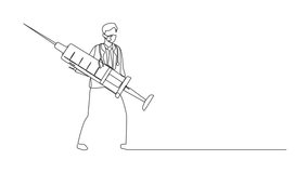 Animation of single continuous line drawing male doctor holds large syringe with vaccine. Doctor prevents epidemic. Vaccination. Covid-19. Dynamic one line self drawing animated. Full length motion - Powered by Shutterstock - Get 15% off with code: PIKWIZARD15