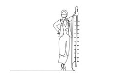 Animated self drawing of one line drawing therapist doctor with mask on face carry thermometer in hospital. Arabian female doctor in medical outfit with stethoscope. Full length single line animation - Powered by Shutterstock - Get 15% off with code: PIKWIZARD15