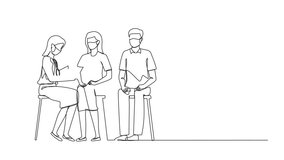 Animation of single continuous line drawing female doctor wearing mask giving woman vaccine against coronavirus. Immunity, immunization. One line draw self drawing animated. Full length motion - Powered by Shutterstock - Get 15% off with code: PIKWIZARD15