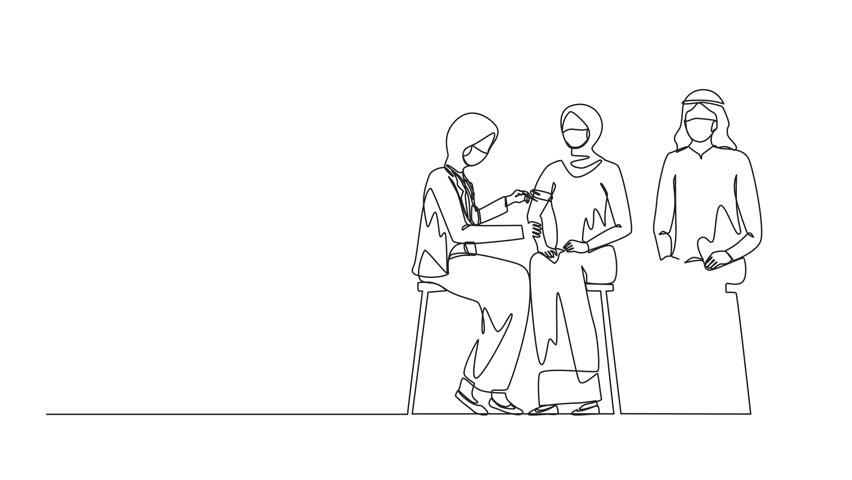Animated self drawing of continuous one line drawing female doctor wearing mask at clinic giving Arabian woman vaccine against coronavirus. Immunity, immunization. Full length single line animation