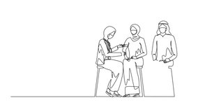Animated self drawing of continuous one line drawing female doctor wearing mask at clinic giving Arabian woman vaccine against coronavirus. Immunity, immunization. Full length single line animation - Powered by Shutterstock - Get 15% off with code: PIKWIZARD15
