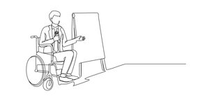 Animated self drawing of one line drawing young businessman on wheelchair using microphone, presentation of infographics on flip chart at weekly office meeting. Full length single line animation - Powered by Shutterstock - Get 15% off with code: PIKWIZARD15