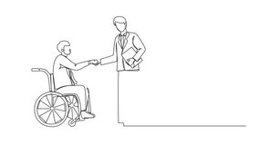 Animated self drawing of continuous line drawing disabled businessman in wheelchair shaking hand with business partner or boss. Dialogue with business colleague. Full length single line animation - Powered by Shutterstock - Get 15% off with code: PIKWIZARD15