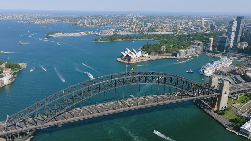Panoramic drone shot of the Harbour bridge and Opera House, sunny day in Sydney