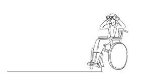 Animated self drawing of single continuous line drawing successful businesswoman in wheelchair with binocular looks for ideas, solutions, and decisions. Discover opportunities. Full length animation - Powered by Shutterstock - Get 15% off with code: PIKWIZARD15