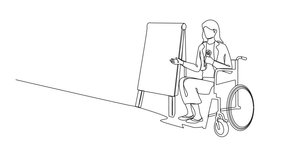 Animated self drawing of continuous one line drawing businesswoman on wheelchair using microphone, presentation infographics on flip chart at weekly office report meeting. Full length animation - Powered by Shutterstock - Get 15% off with code: PIKWIZARD15