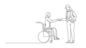 Animated self drawing of single continuous line drawing disabled businesswoman in wheelchair shaking hand with business partner or boss. Handicapped manager dialogue. Full length single line animation - Powered by Shutterstock - Get 15% off with code: PIKWIZARD15