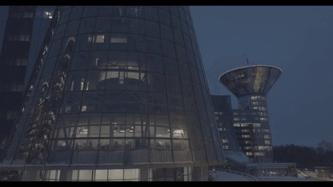 Drone View Futuristic Buildings Winter Dusk