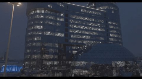 Drone Close Up Modern Glass Facade Dusk