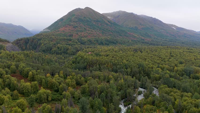 Aerial view of a river meandering through a stunning landscape of dense forests and majestic mountains under a cloudy sky, Palmer, Alaska, United States.