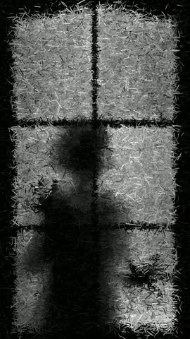 Terrible Scene with Silhouetted Person Pressing Both Hands Against Textured Six-Pane Glass Window with Obscured Head and Torso, Animation Made of Sharp Fragments