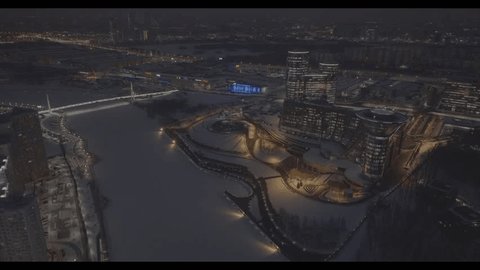 Drone Aerial View Winter City Riverfront Night
