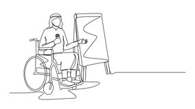 Animated self drawing of continuous line drawing Arabian businessman on wheelchair using microphone, presentation on flip chart at weekly office report meeting. Full length single line animation - Powered by Shutterstock - Get 15% off with code: PIKWIZARD15