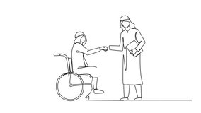 Animated self drawing of single continuous line drawing disabled Arabian businessman in wheelchair shaking hand with business partner. Disability manager dialogue. Full length single line animation - Powered by Shutterstock - Get 15% off with code: PIKWIZARD15