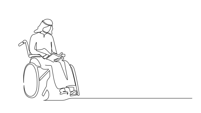 Animation of continuous line drawing young positive student disabled reads a book while sitting in a wheelchair. Disability Arabian man studying. Single line self drawing animated. Full length motion - Powered by Shutterstock - Get 15% off with code: PIKWIZARD15