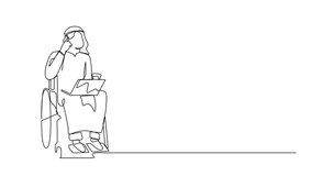 Animation of single continuous line drawing Arab man in wheelchair having phone conversation while working online on laptop. Talking with client. One line self drawing animated. Full length motion - Powered by Shutterstock - Get 15% off with code: PIKWIZARD15