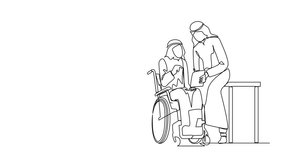 Animated self drawing of one line drawing Arabian businessman sitting on wheelchair presenting business graph on paper to manager. Corporate colleagues in office. Full length single line animation - Powered by Shutterstock - Get 15% off with code: PIKWIZARD15