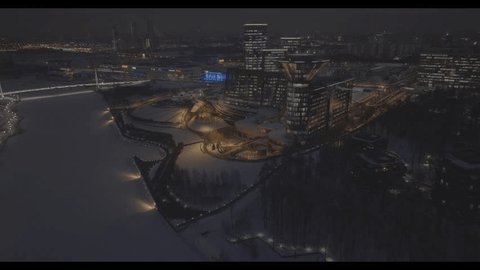 Aerial Winter Night View Futuristic Riverside Offices