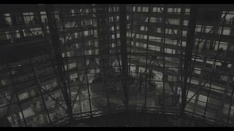 Aerial Retreat Futuristic Office Building Glass Facade