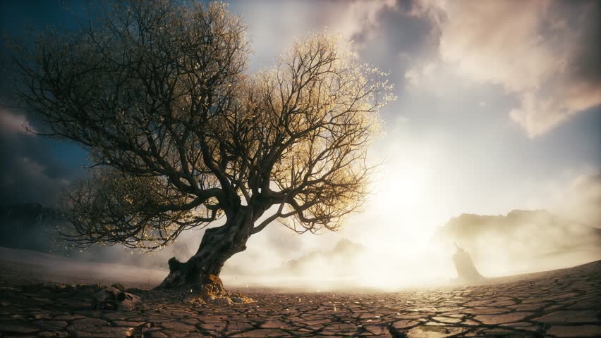 Withered Tree on Cracked Earth in Desert Wasteland — Drought Animation