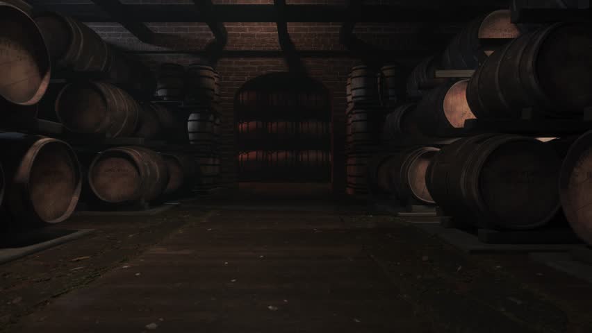 Wine Barrel Storage Room with Glass of Red Wine – Wine Vault Animation