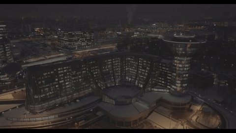 Drone Panorama Illuminated Modern Architecture Dusk