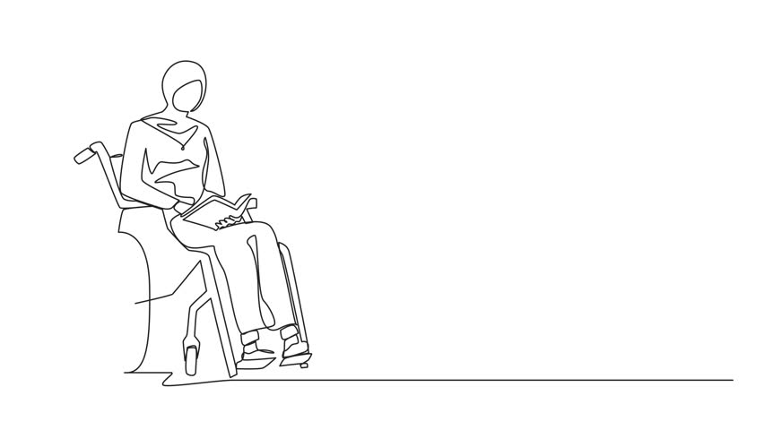 Animation of continuous one line drawing positive student disabled reads book while sitting in wheelchair. Disability Arabian woman studying. Single line self drawing animated. Full length motion - Powered by Shutterstock - Get 15% off with code: PIKWIZARD15