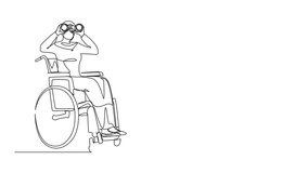 Animated self drawing of one line drawing successful Arab businesswoman in wheelchair with binocular looks for new ideas, solutions, decisions. Opportunities concept. Full length single line animation - Powered by Shutterstock - Get 15% off with code: PIKWIZARD15