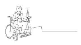 Animated self drawing of single one line drawing Arabic businesswoman on wheelchair using microphone, presentation on flip chart at weekly office report meeting. Full length single line animation - Powered by Shutterstock - Get 15% off with code: PIKWIZARD15