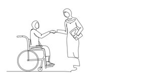 Animated self drawing of continuous line drawing disabled Arabian businesswoman in wheelchair shaking hand with business partner. Disability manager dialogue. Full length single line animation - Powered by Shutterstock - Get 15% off with code: PIKWIZARD15