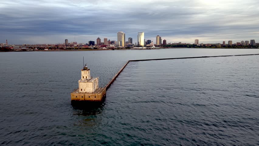 aerial push in over the Milwaukee Breakwater Light Lighthouse with Milwaukee skyline in the distance